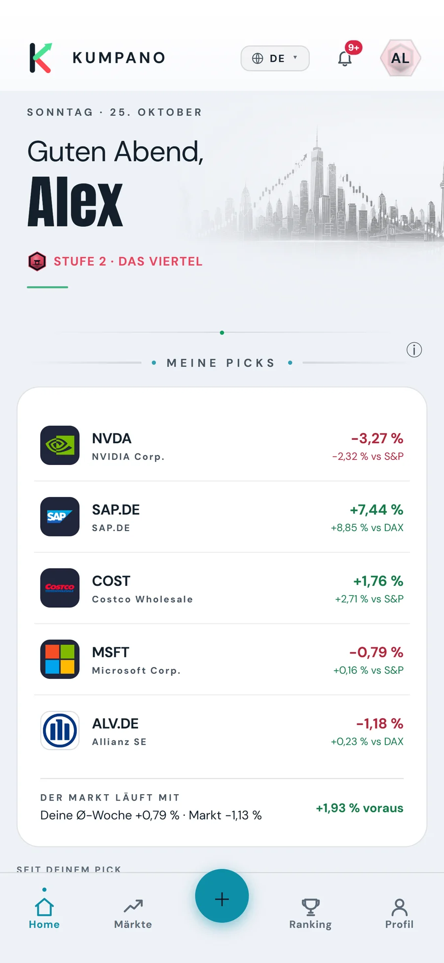 Home screen with the week’s five stocks and their performance against the S&P 500 and the DAX