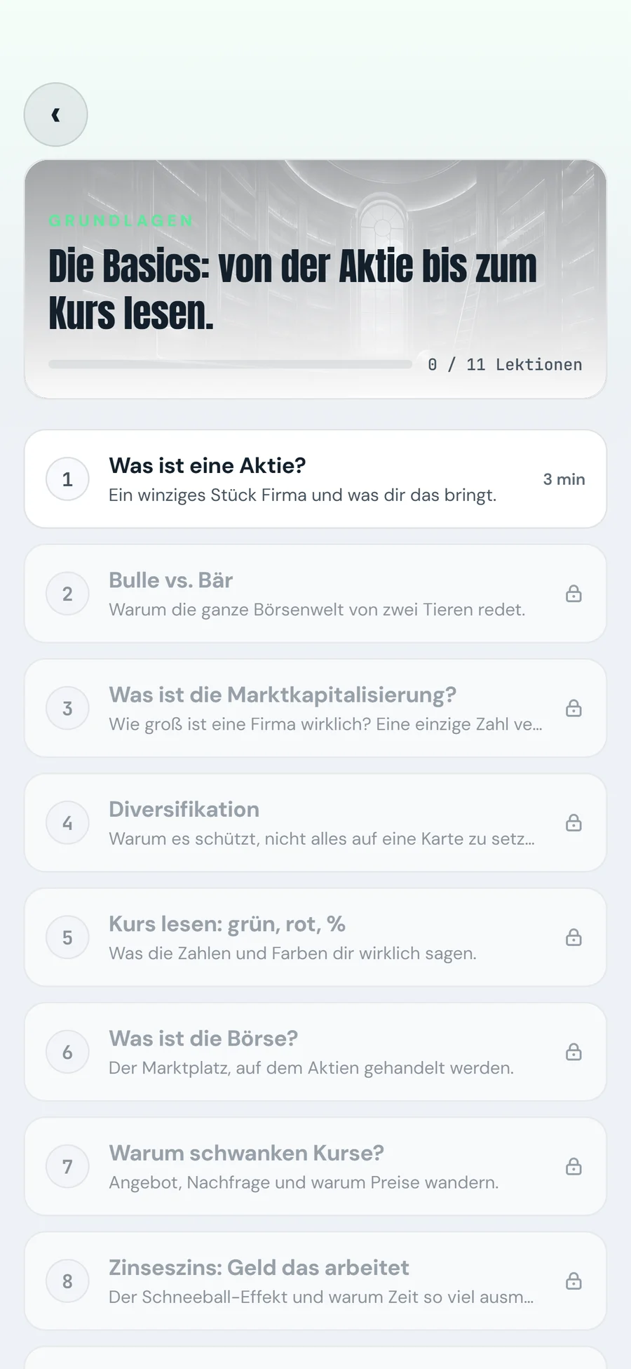 The “Basics” learning path with its list of lessons